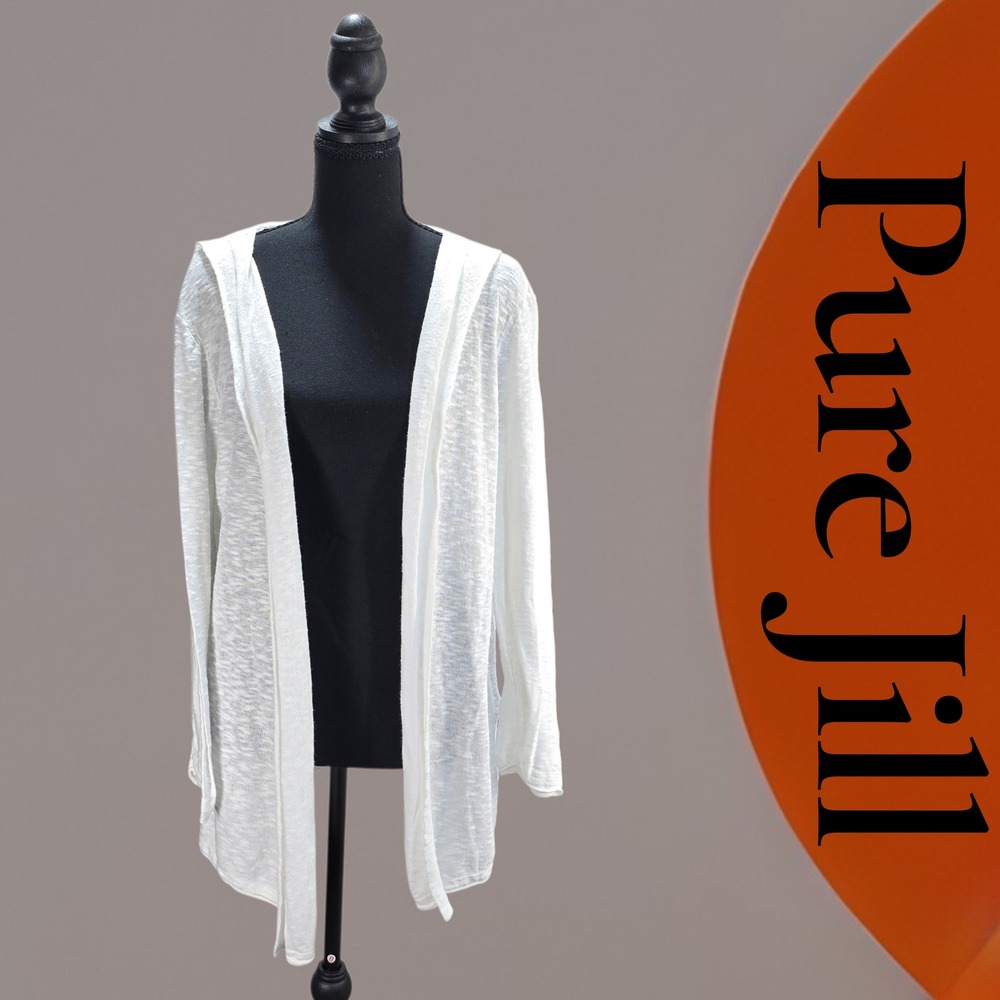 Pure Jill Cardigan Womens M White Cotton Linen Hooded Open Front Coastal Boho